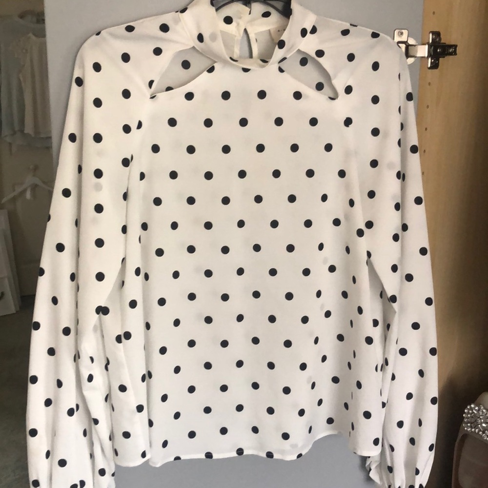 Polka Dot Cut-out Top with Balloon Sleeves